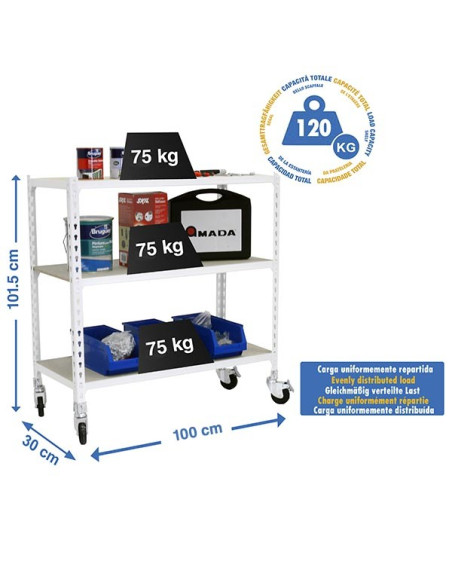 MADERCLICK PLUS Etagère Blanc/Bois 3 étagères à roulettes