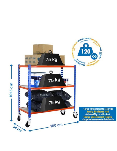 Estantería MADERCLICK PLUS Azul/Naranja/Madera 3 estantes con ruedas