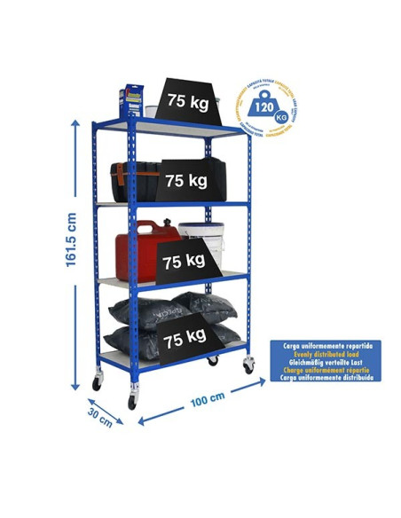 MADERCLICK PLUS Blue/Wood Shelf 4 shelves with wheels