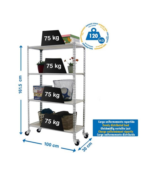 MADERCLICK PLUS Etagère Galva/Bois 4 étagères à roulettes