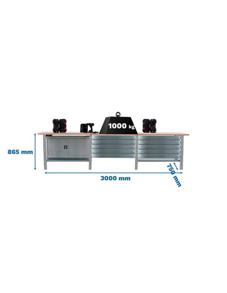 SIMONWORK BT6 PRO CABINET TRIPLE LAMINATE Bancada de trabalho cinza/faia, 2 prateleiras, com armário + 10 gavetas