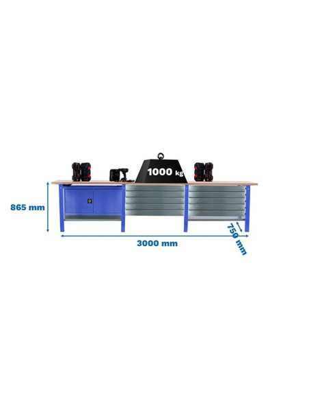 SIMONWORK BT6 PRO CABINET TRIPLE LAMINATE Bancada de trabalho azul/faia, 2 prateleiras, com armário + 10 gavetas