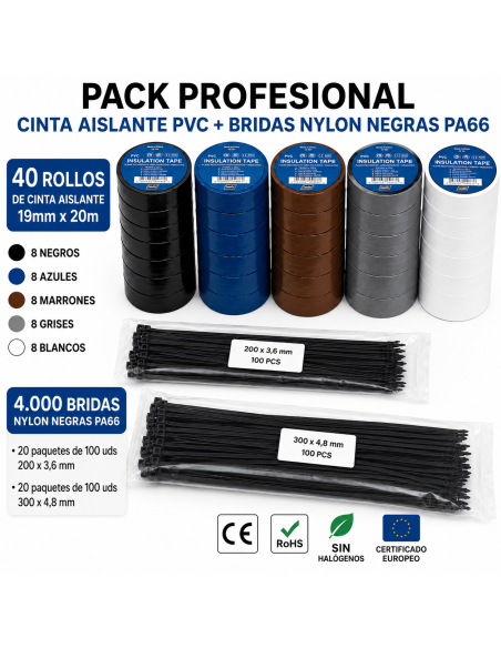 Pack fita isoladora PVC + abraçadeiras de nylon pretas | 40 rolos + 4.000 abraçadeiras
