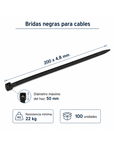 Black cable ties 200 × 4.8 mm – 22 kg – 100 pieces