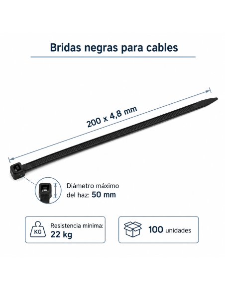 Black cable ties 200 × 4.8 mm – 22 kg – 100 pieces