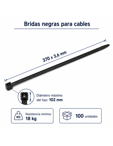 Black cable ties 370 x 3.6 mm – 18 kg – 100 pieces