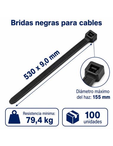 Black cable ties 530 x 9.0 mm – 79.4 kg – 100...