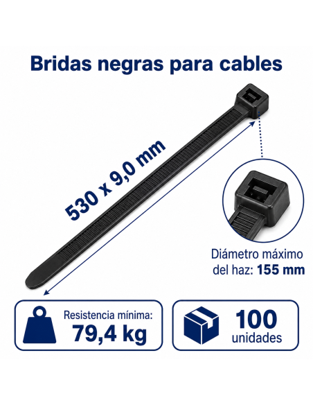 Black cable ties 530 x 9.0 mm – 79.4 kg – 100 pieces