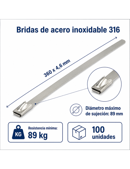 316 stainless steel cable ties 360 x 4.6 mm – 89 kg – 100 pieces